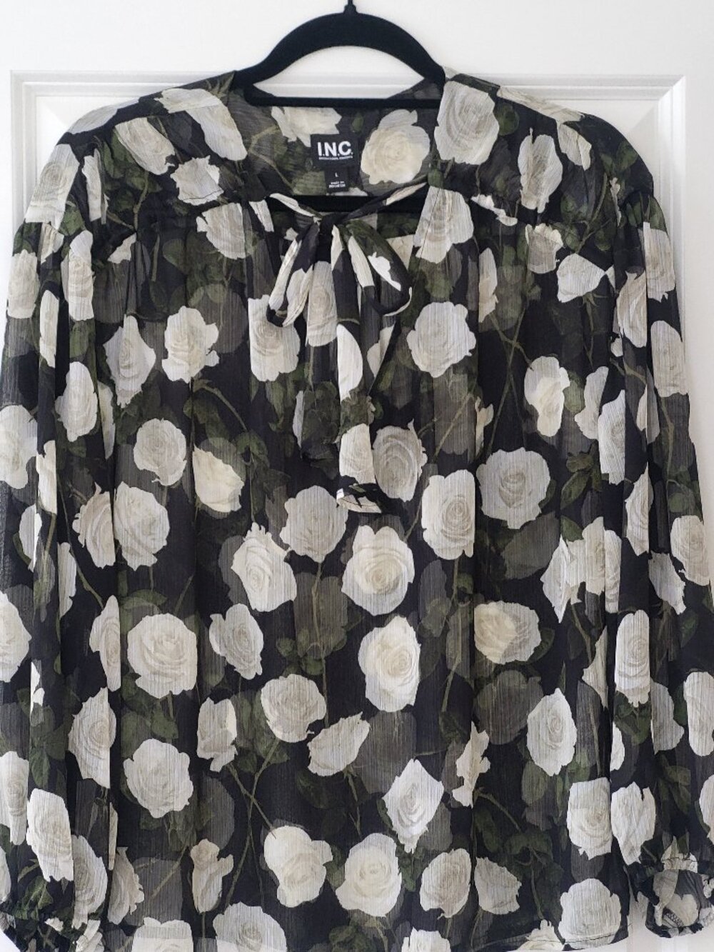 I.N.C. Blouse Womens L Black White Green Rose Print Tie Neck Balloon Sleeve NWT
